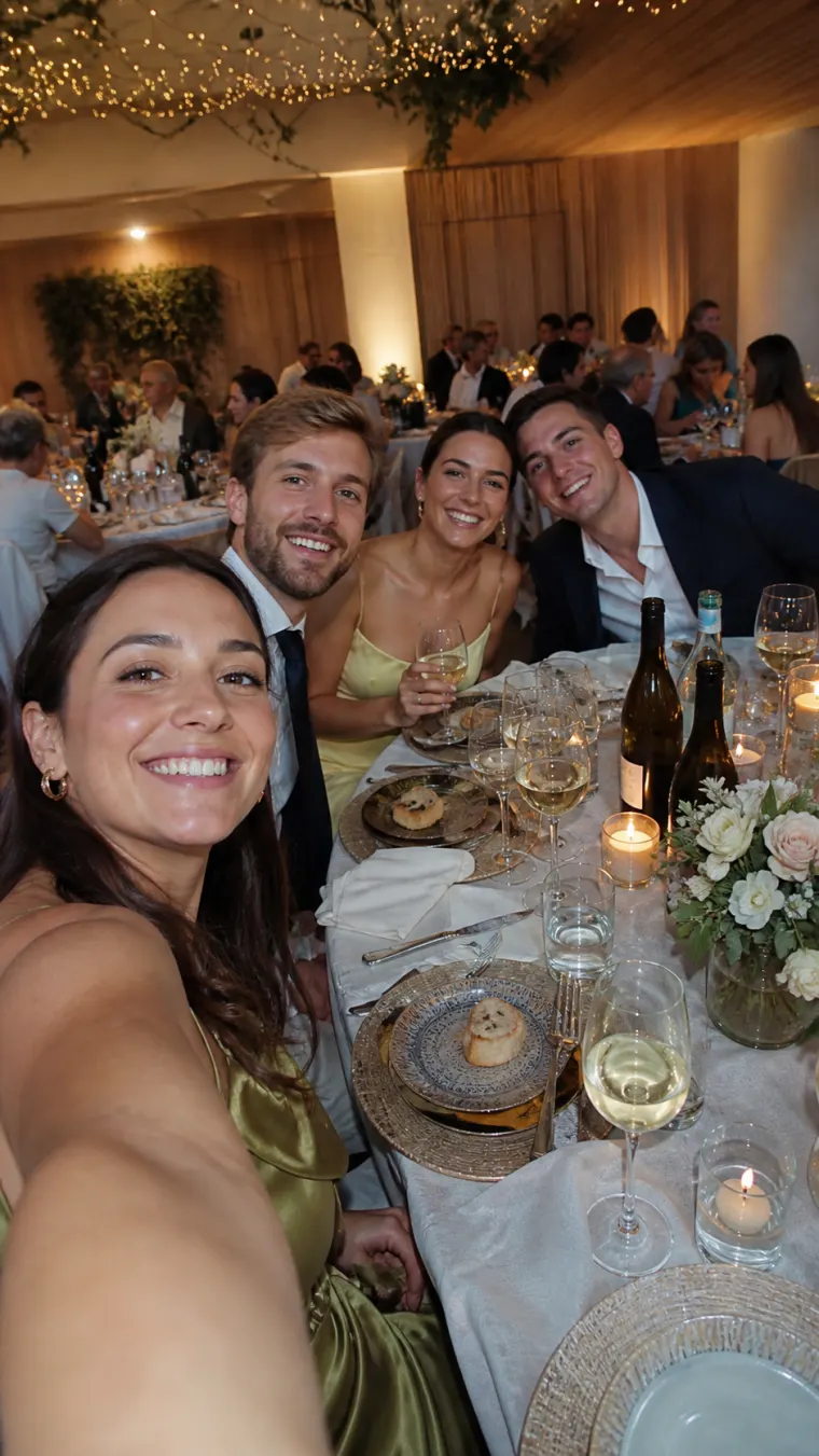 Selfie des invités à table pendant le repas de mariage